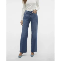 Jean à coupe large fermeture à boutons et à glissière taille haute bleu en coton Maud