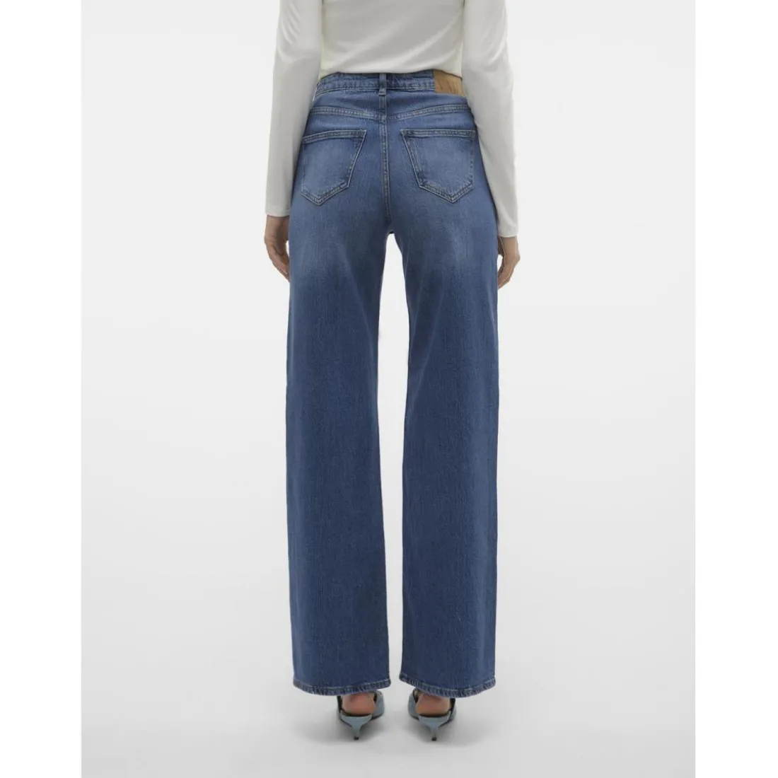 Jean à coupe large fermeture à boutons et à glissière taille haute bleu en coton Maud