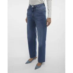 Jean à coupe large fermeture à boutons et à glissière taille haute bleu en coton Maud