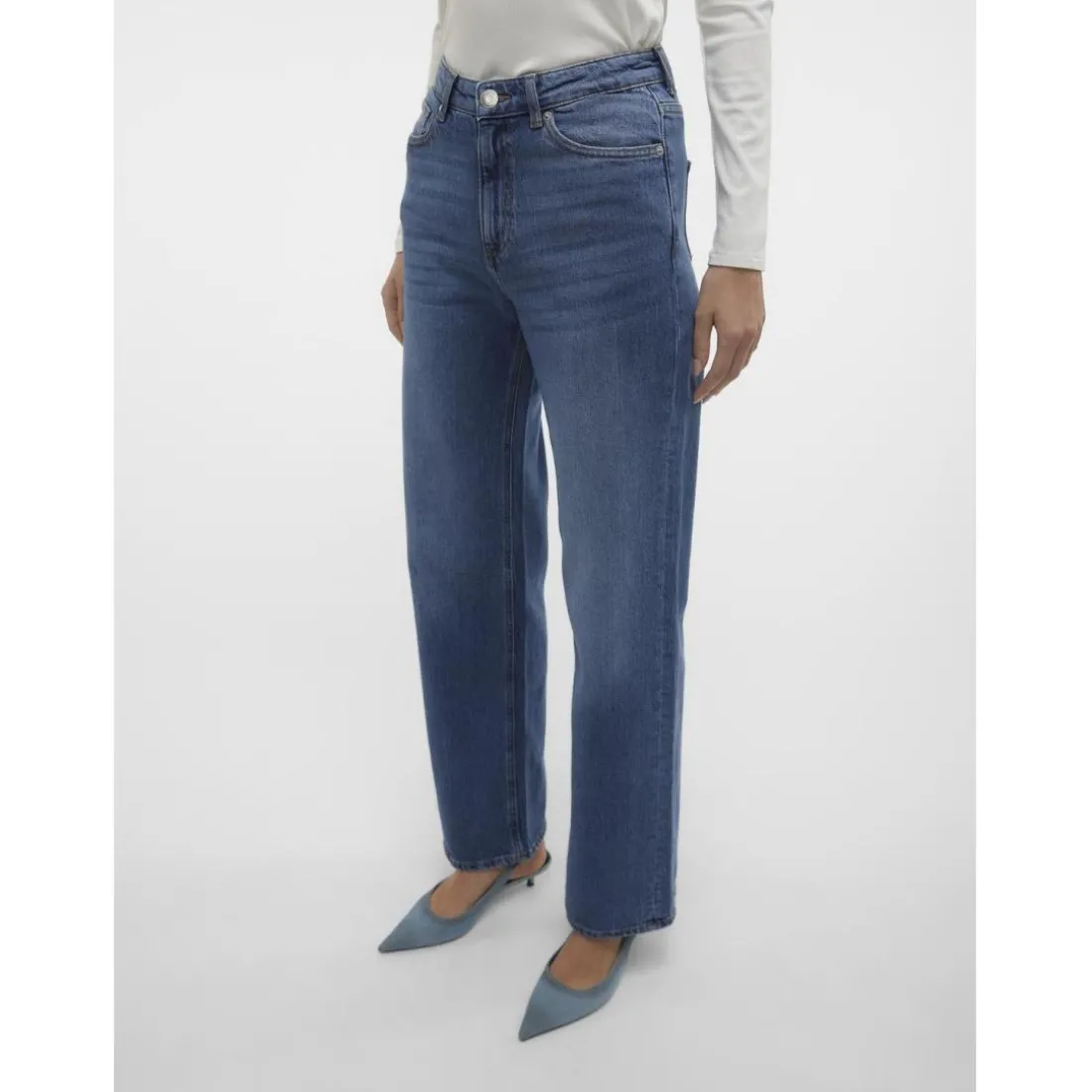 Jean à coupe large fermeture à boutons et à glissière taille haute bleu en coton Maud