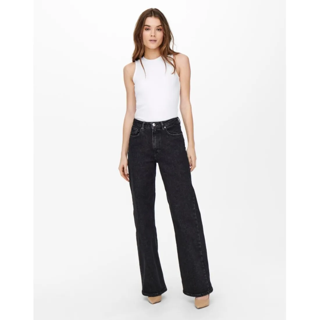 Jean à jambe large braguette à boutons taille haute noir en coton Yas
