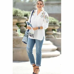 Jean 5 poches délavé déchirures et pierres femme - Bleu en coton