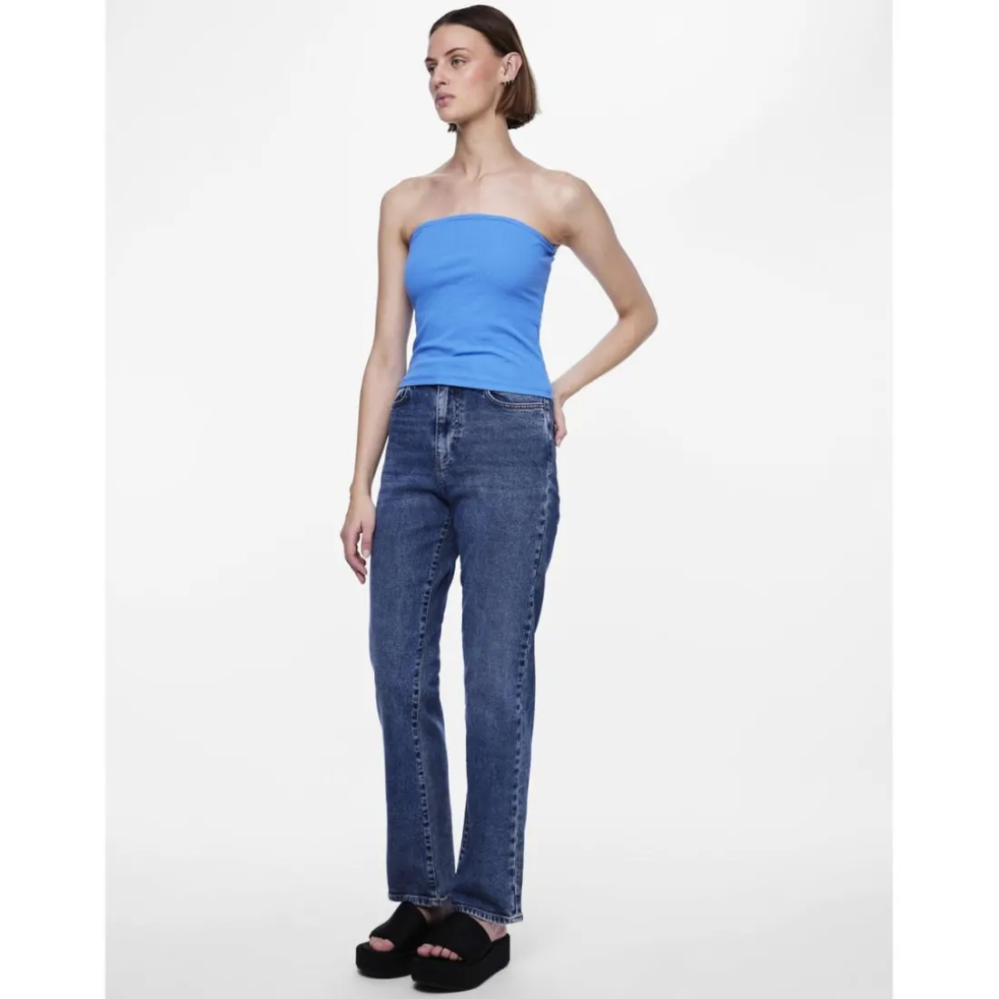 Jean coupe droite braguette zippée bleu en coton