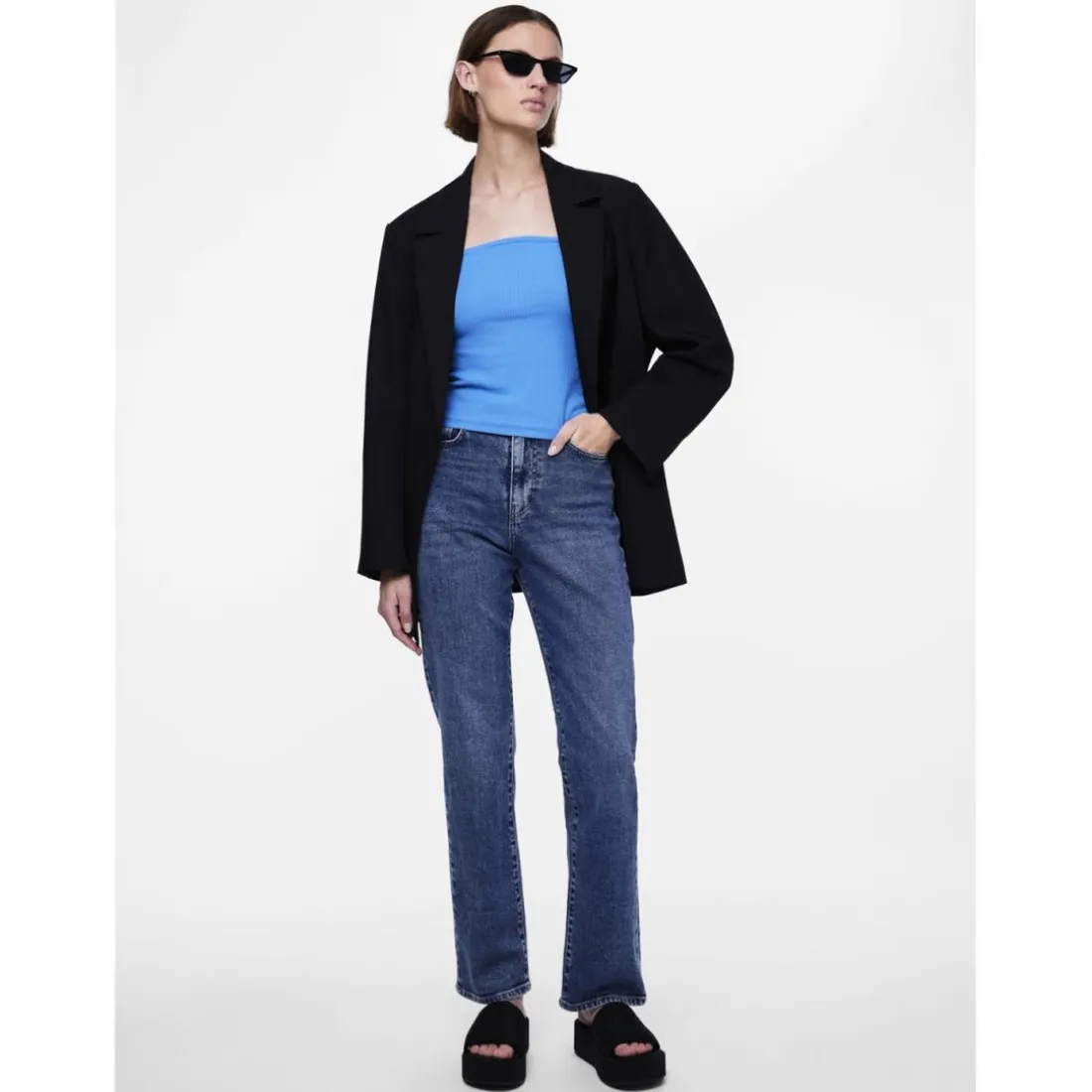Jean coupe droite braguette zippée bleu en coton