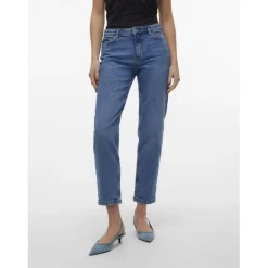 Jean coupe droite fermeture à boutons et à glissière taille moyenne bleu en coton Eva