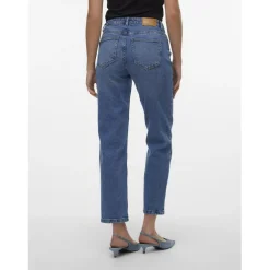 Jean coupe droite fermeture à boutons et à glissière taille moyenne bleu en coton Eva