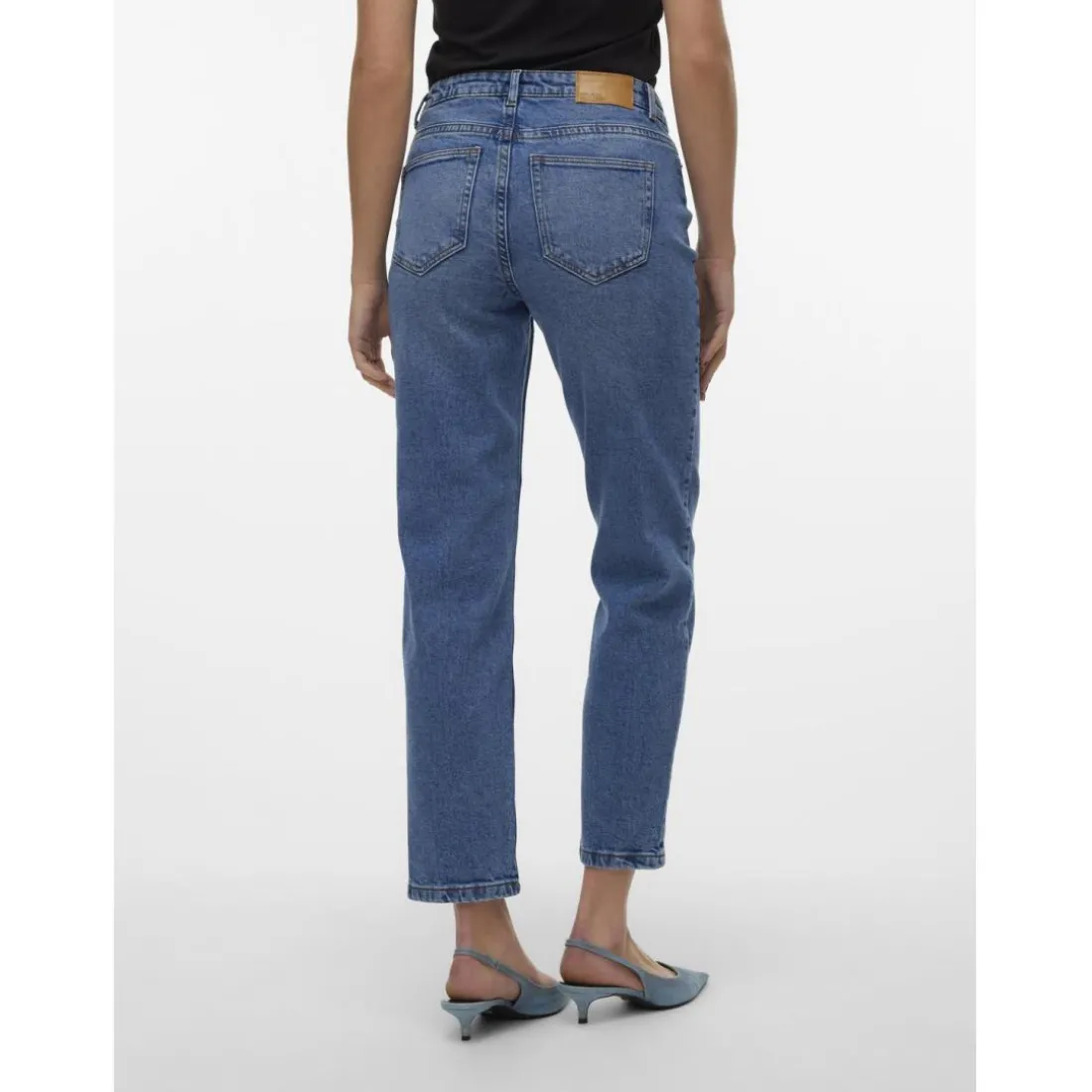 Jean coupe droite fermeture à boutons et à glissière taille moyenne bleu en coton Eva