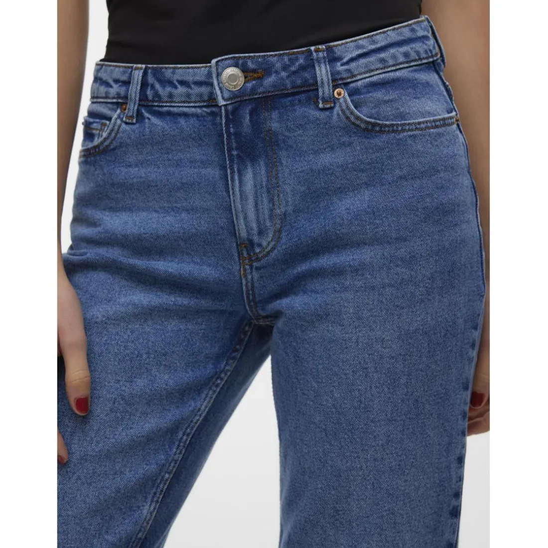 Jean coupe droite fermeture à boutons et à glissière taille moyenne bleu en coton Eva