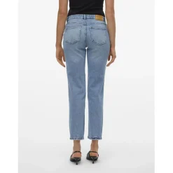 Jean coupe droite fermeture à boutons et à glissière taille moyenne bleu en coton Hana