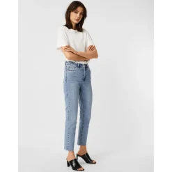 Jean coupe droite Straight Fit Taille haute Longueur cheville bleu en coton Yara