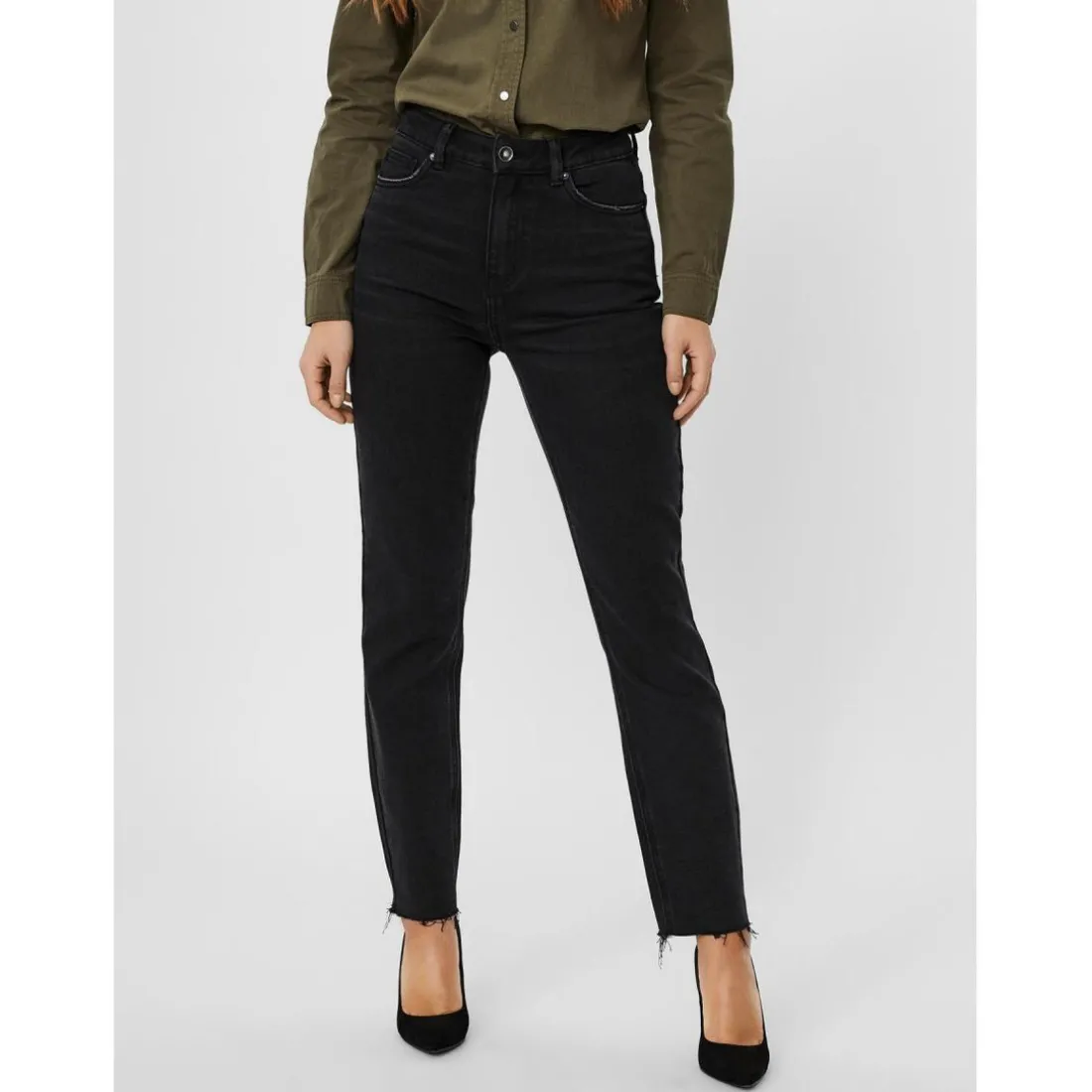 Jean coupe droite Straight Fit Taille haute Longueur cheville noir Ria