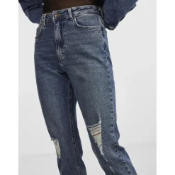 Jean coupe tapered taille haute bleu en coton