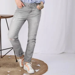 Jean large 5 poches déchiré devant femme - Denim Gris bleu en coton