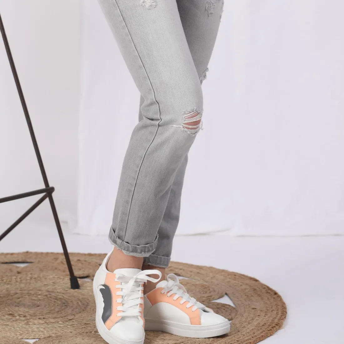 Jean large 5 poches déchiré devant femme - Denim Gris bleu en coton