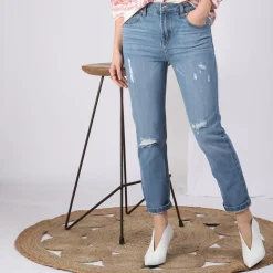 Jean large 5 poches déchiré devant femme - Blue Denim bleu en coton