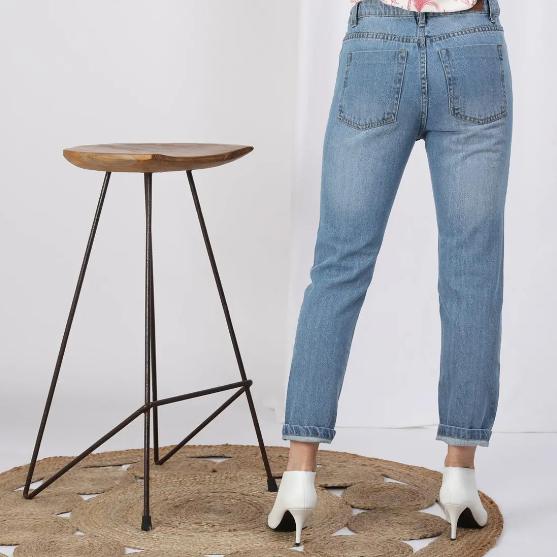 Jean large 5 poches déchiré devant femme - Blue Denim bleu en coton