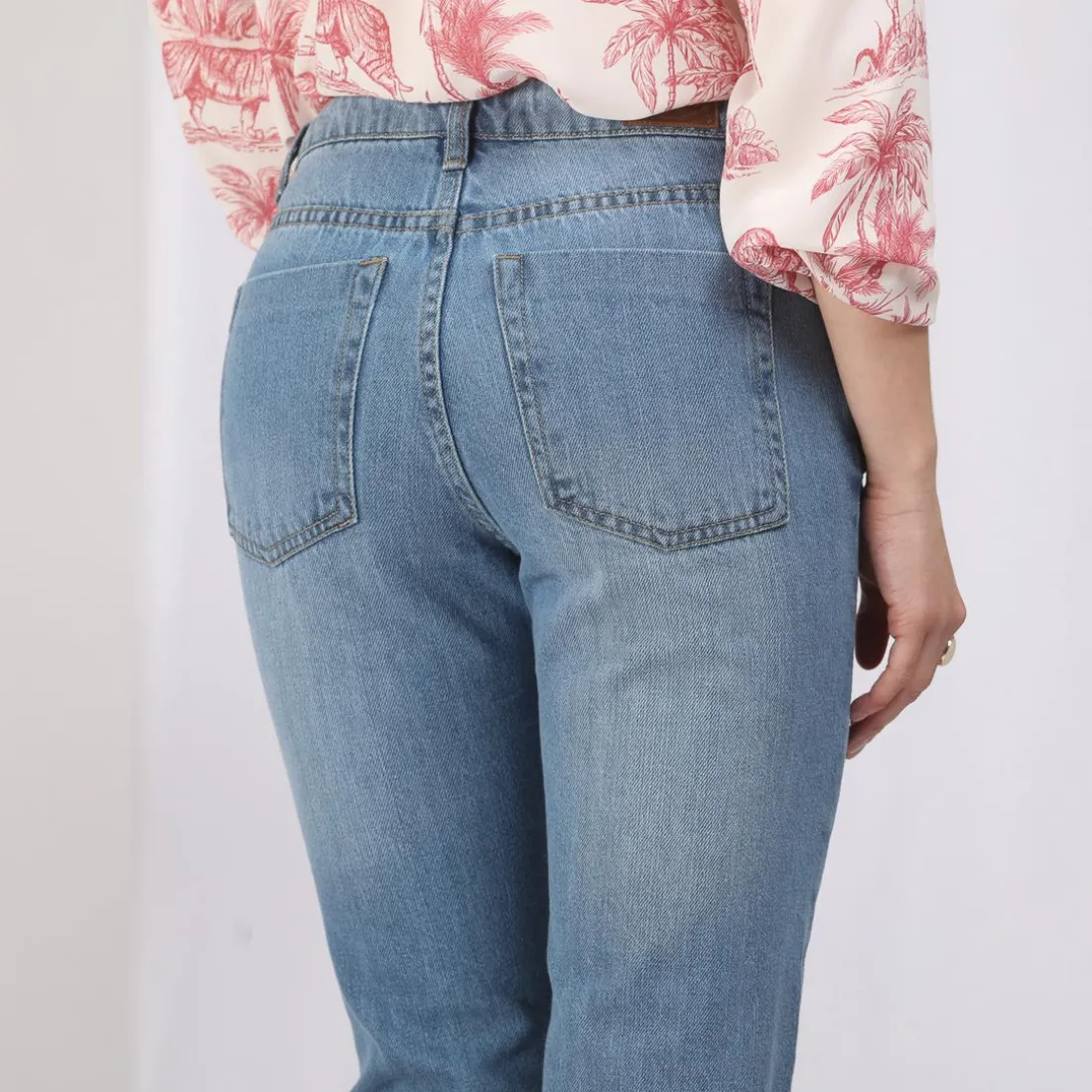 Jean large 5 poches déchiré devant femme - Blue Denim bleu en coton