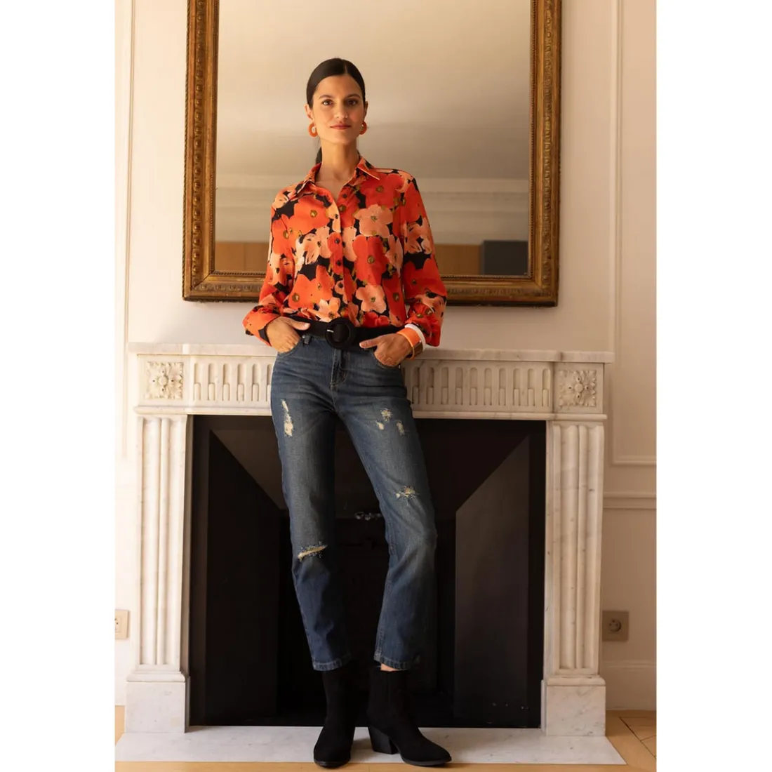Jean large 5 poches déchiré devant femme - Denim Bleu en coton