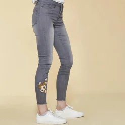 Jean skinny avec broderie et déchirures femme - gris foncé en coton