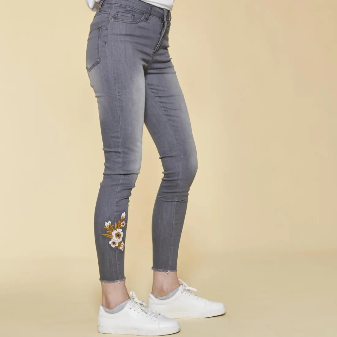 Jean skinny avec broderie et déchirures femme - gris foncé en coton