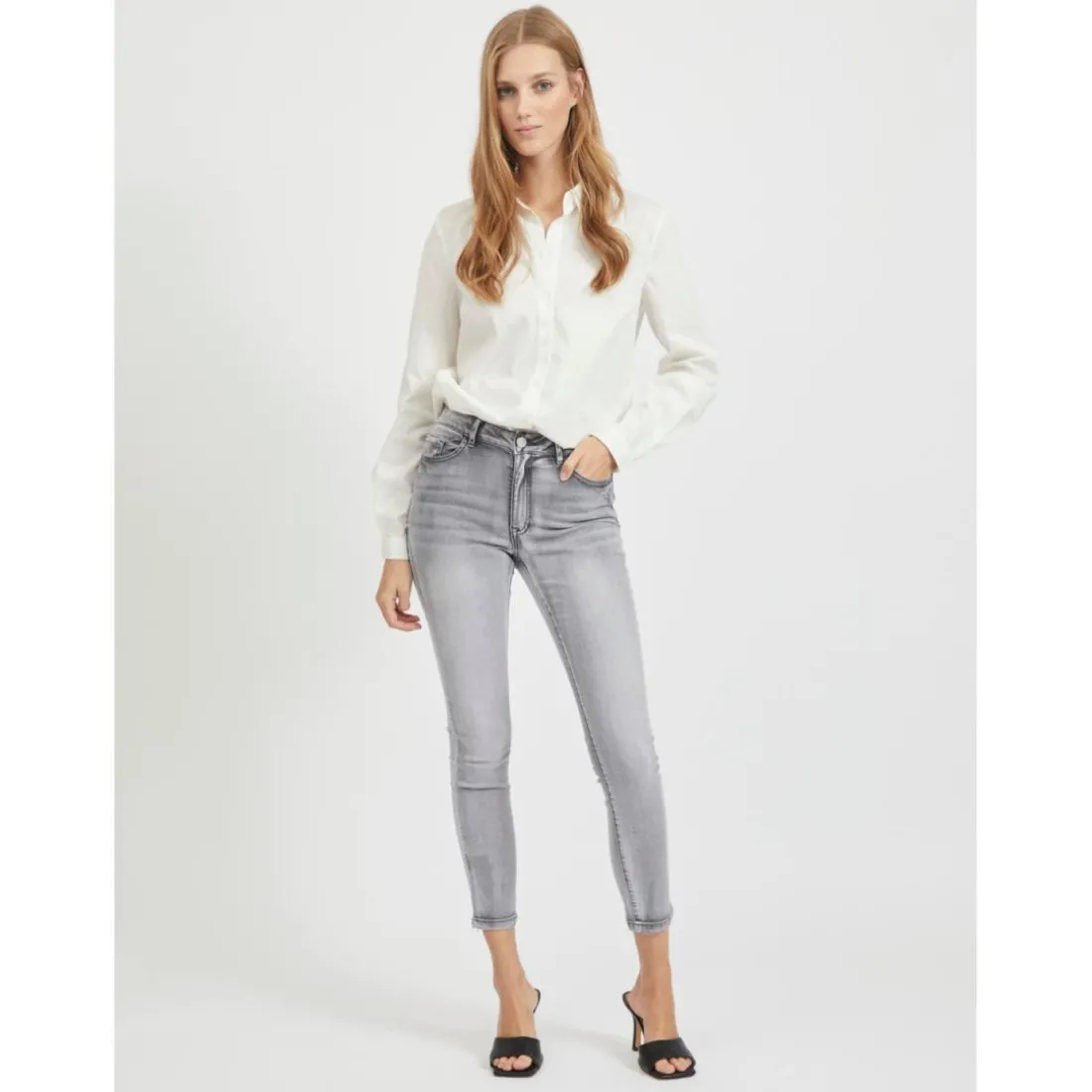 Jean skinny taille haute gris en coton
