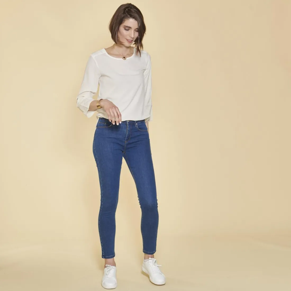 Jean skinny taille haute pierres fantaisie sur poche femme - bleu foncé