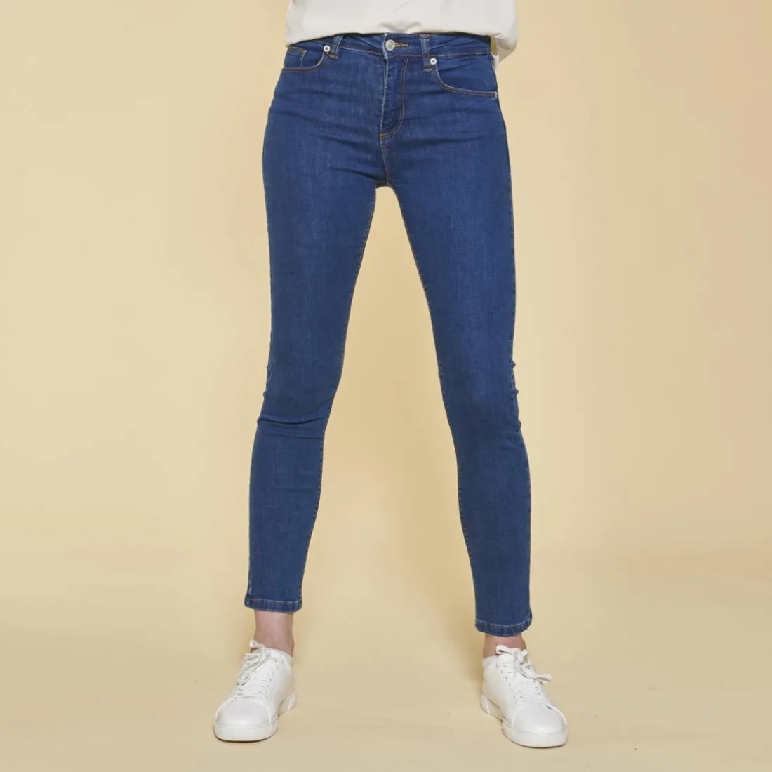 Jean skinny taille haute pierres fantaisie sur poche femme - bleu foncé