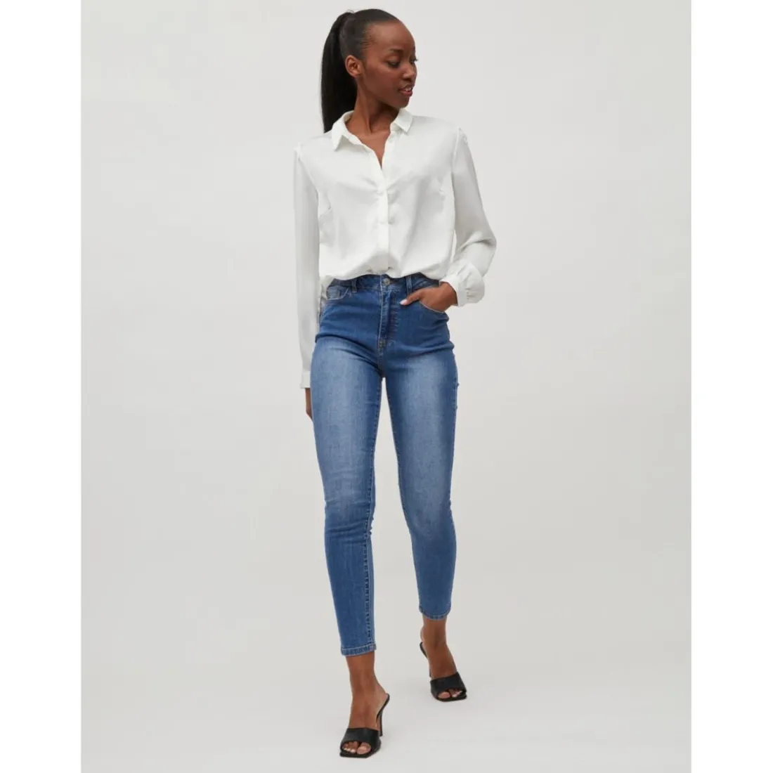 Jean skinny taille haute bleu en coton