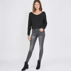 Jean slim avec bandes strass Emma en coton gris