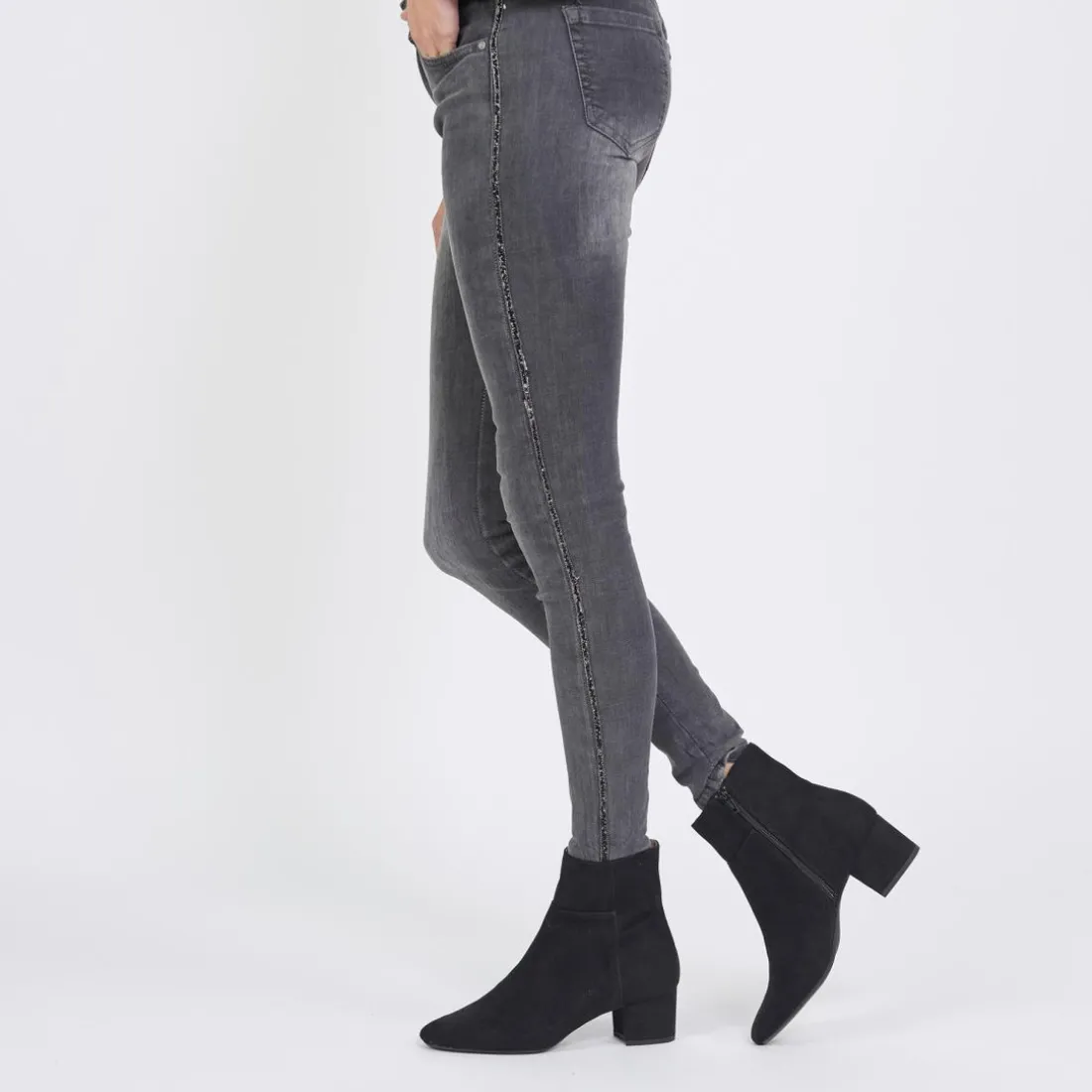 Jean slim avec bandes strass Emma en coton gris
