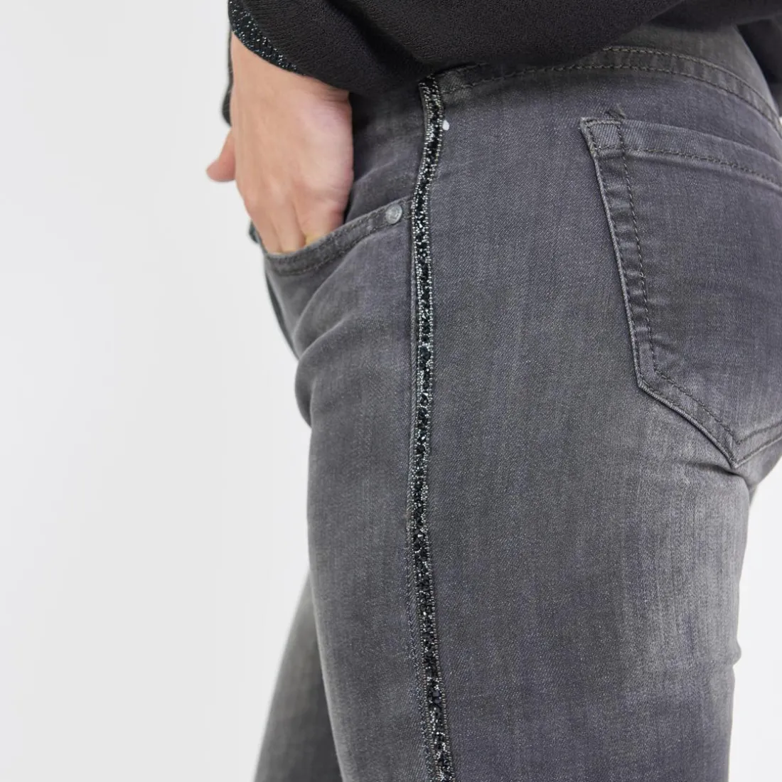 Jean slim avec bandes strass Emma en coton gris