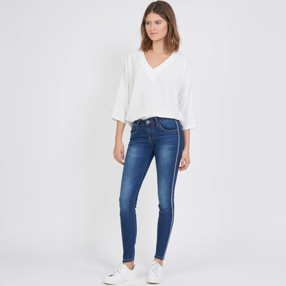 Jean slim avec bandes strass Emma en coton bleu