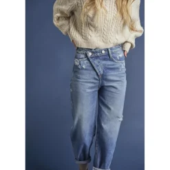 Jeans fille, boyfit COSA, 7/8ème bleu en coton