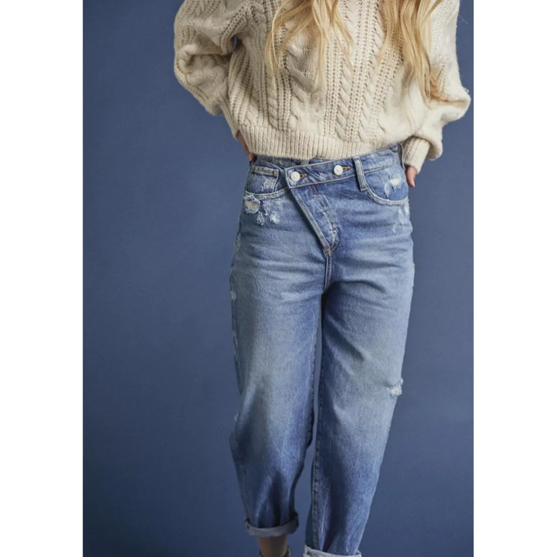 Jeans fille, boyfit COSA, 7/8ème bleu en coton