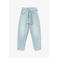 Jeans fille, boyfit MILINA, 7/8ème bleu en coton