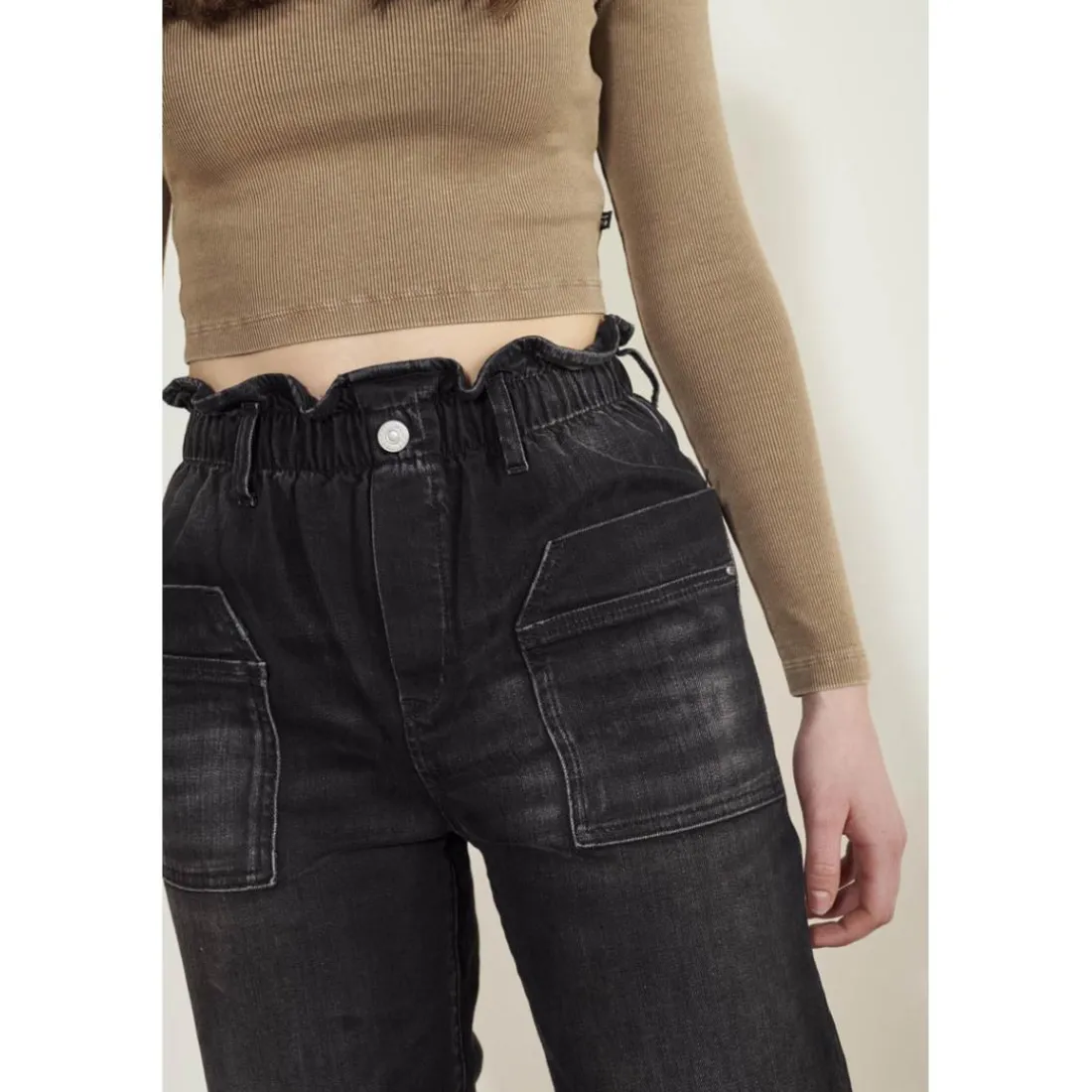 Jeans fille, regular, droit regular large taille haute, longueur 34 noir Eva en coton