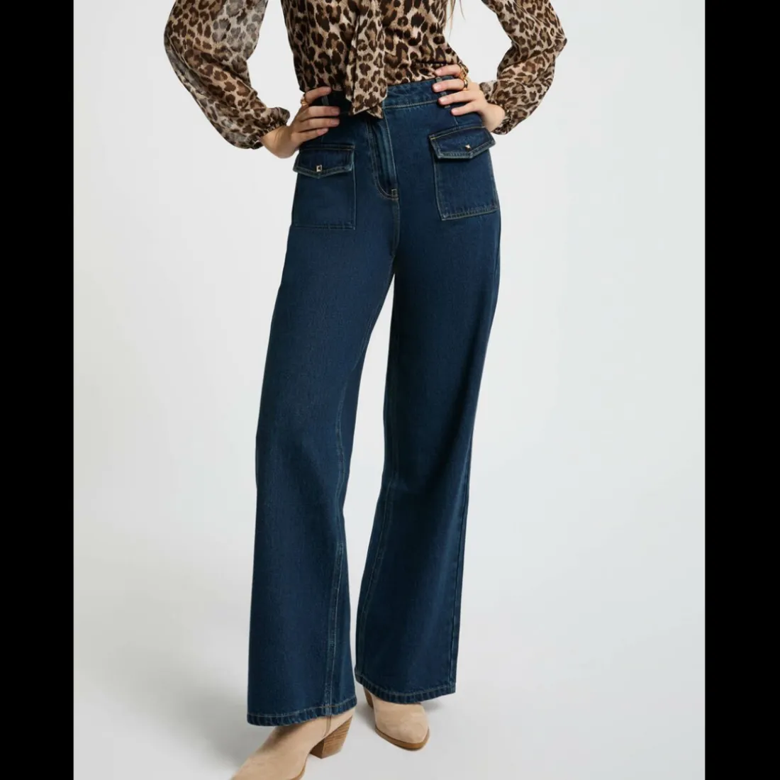 Jeans large taille haute denim brut en coton