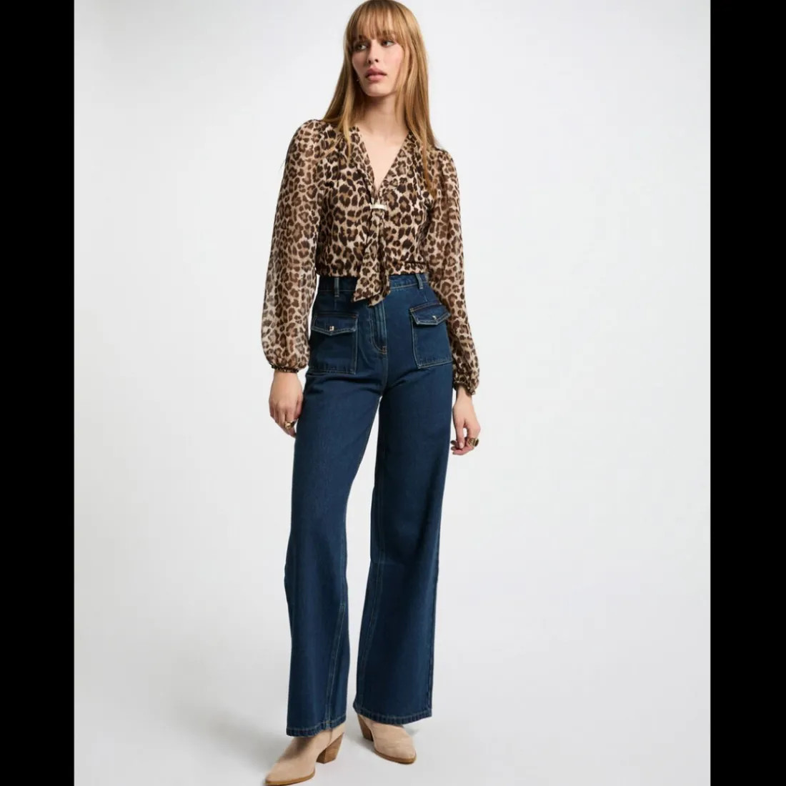 Jeans large taille haute denim brut en coton