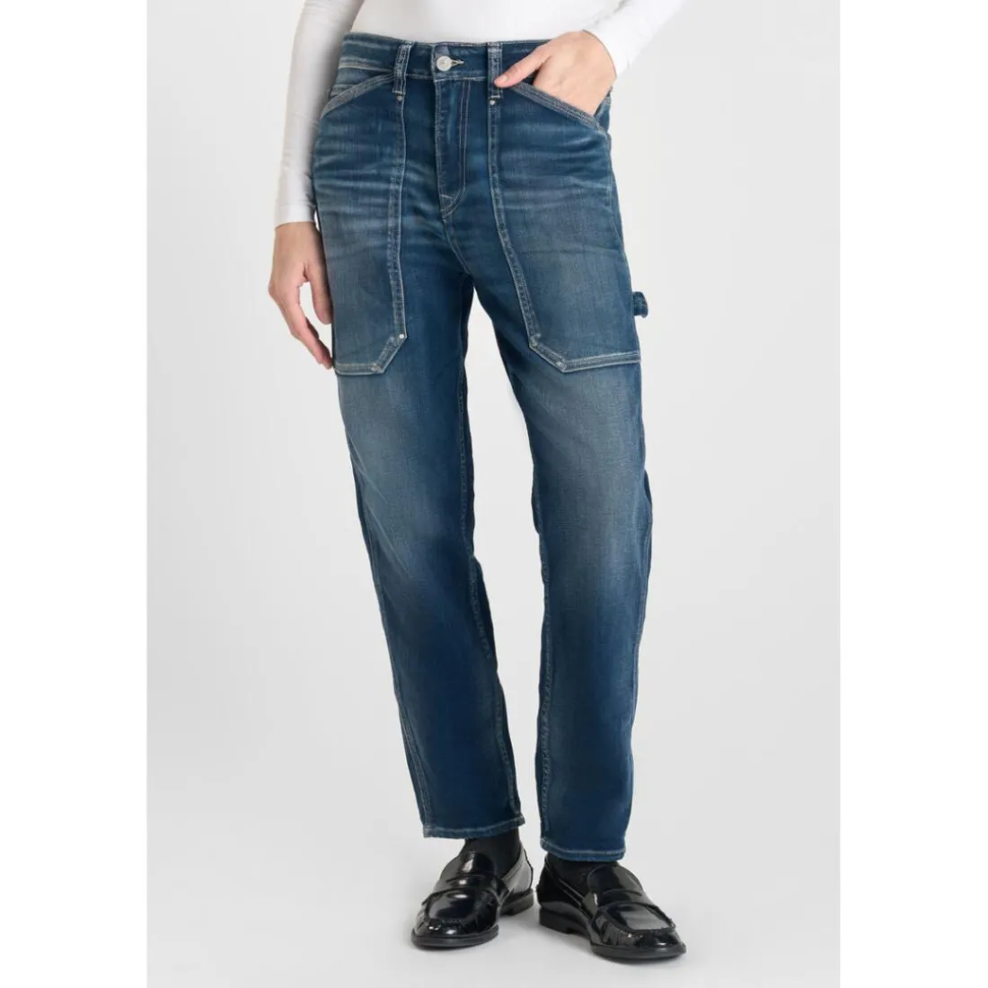 Jeans loose, large 400/60 girlfriend taille haute, longueur 34 bleu Mila