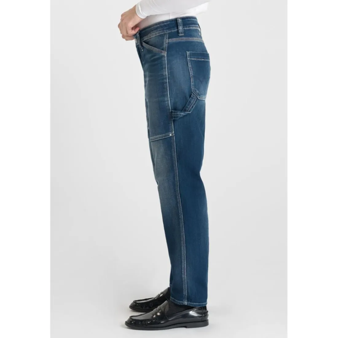 Jeans loose, large 400/60 girlfriend taille haute, longueur 34 bleu Mila