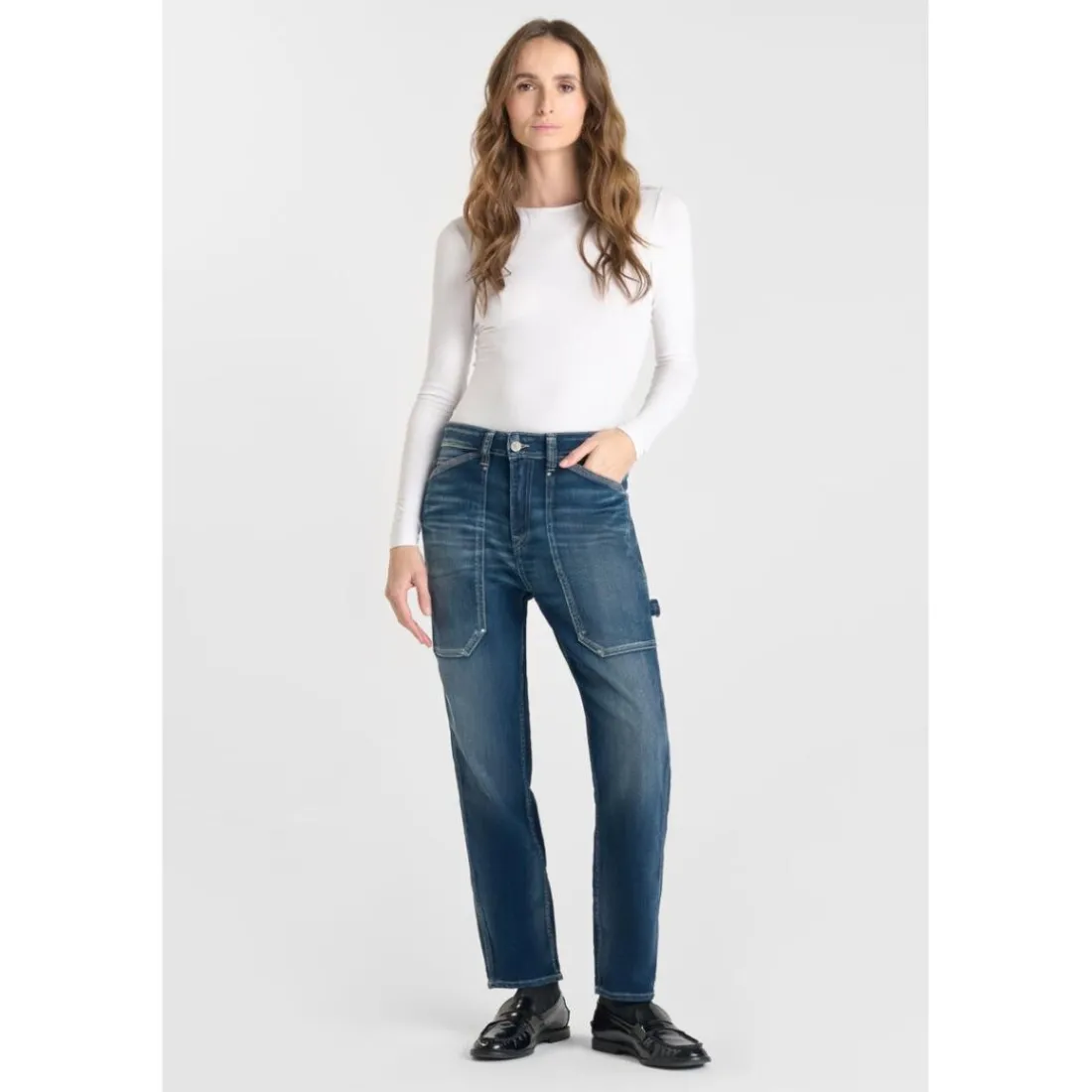Jeans loose, large 400/60 girlfriend taille haute, longueur 34 bleu Mila