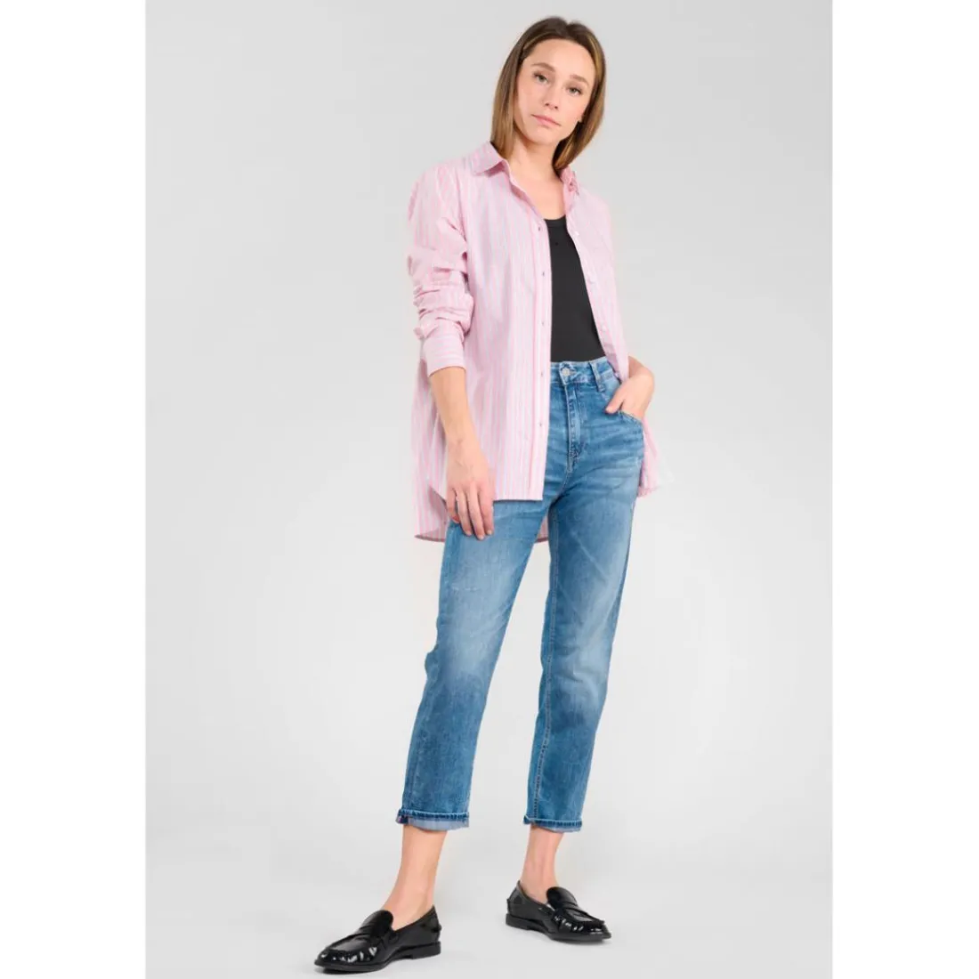 Jeans loose, large 400/60 girlfriend taille haute, 7/8ème bleu Queen
