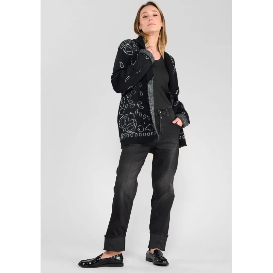 Jeans loose, large 400/60 girlfriend taille haute, longueur 34 noir Alma