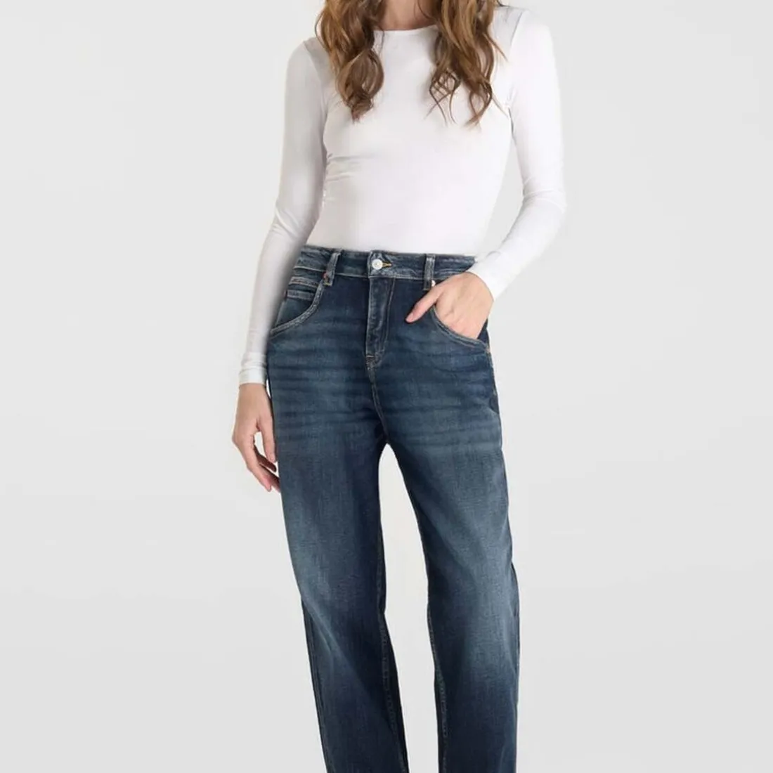 Jeans loose, large 400/60 girlfriend taille haute, longueur 34 bleu Lina
