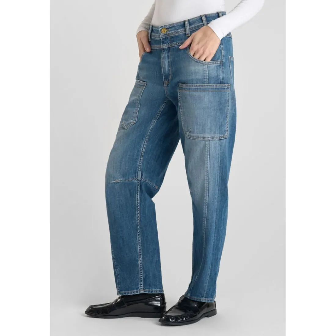 Jeans loose, large balloon taille haute, longueur 34 bleu en coton Elsie