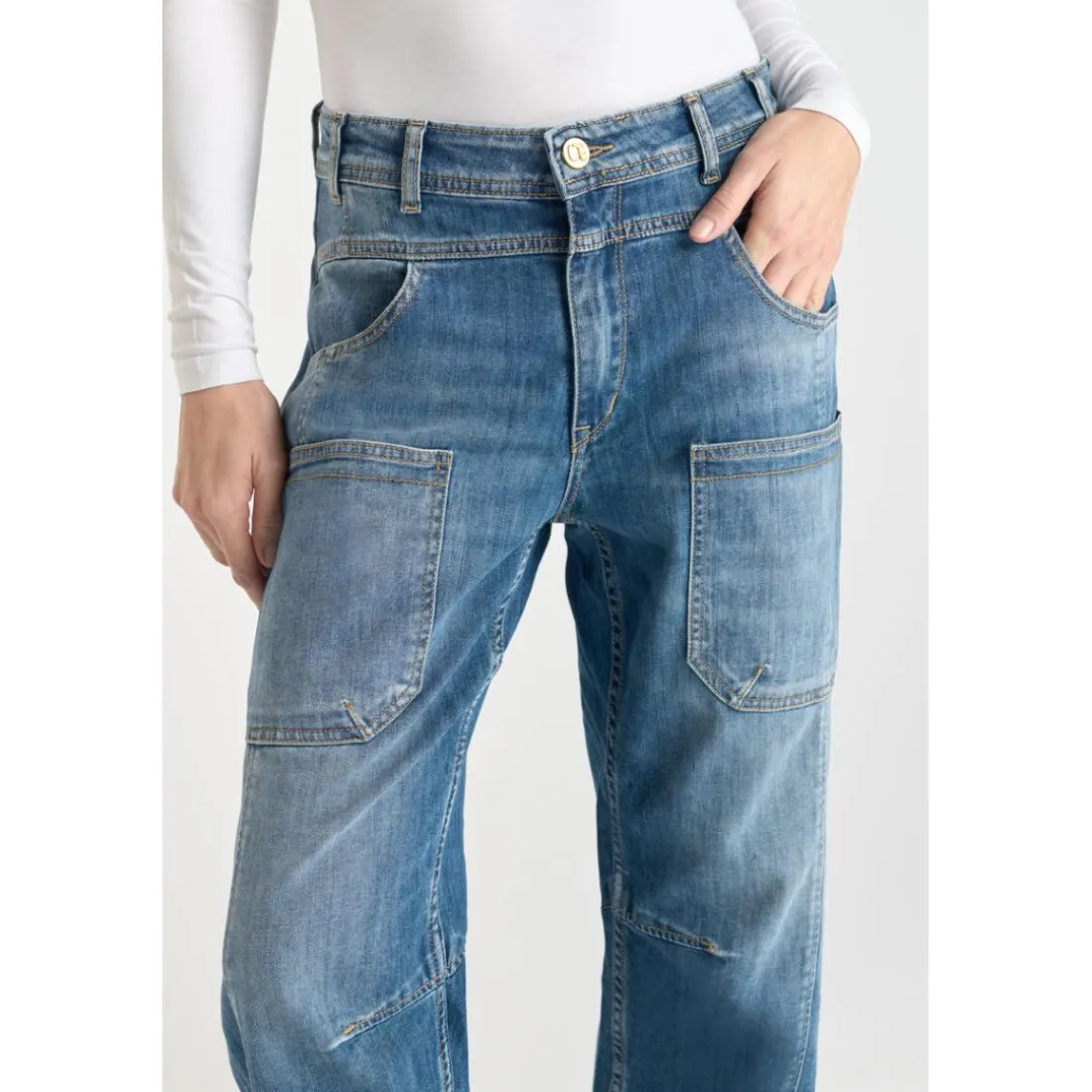 Jeans loose, large balloon taille haute, longueur 34 bleu en coton Elsie