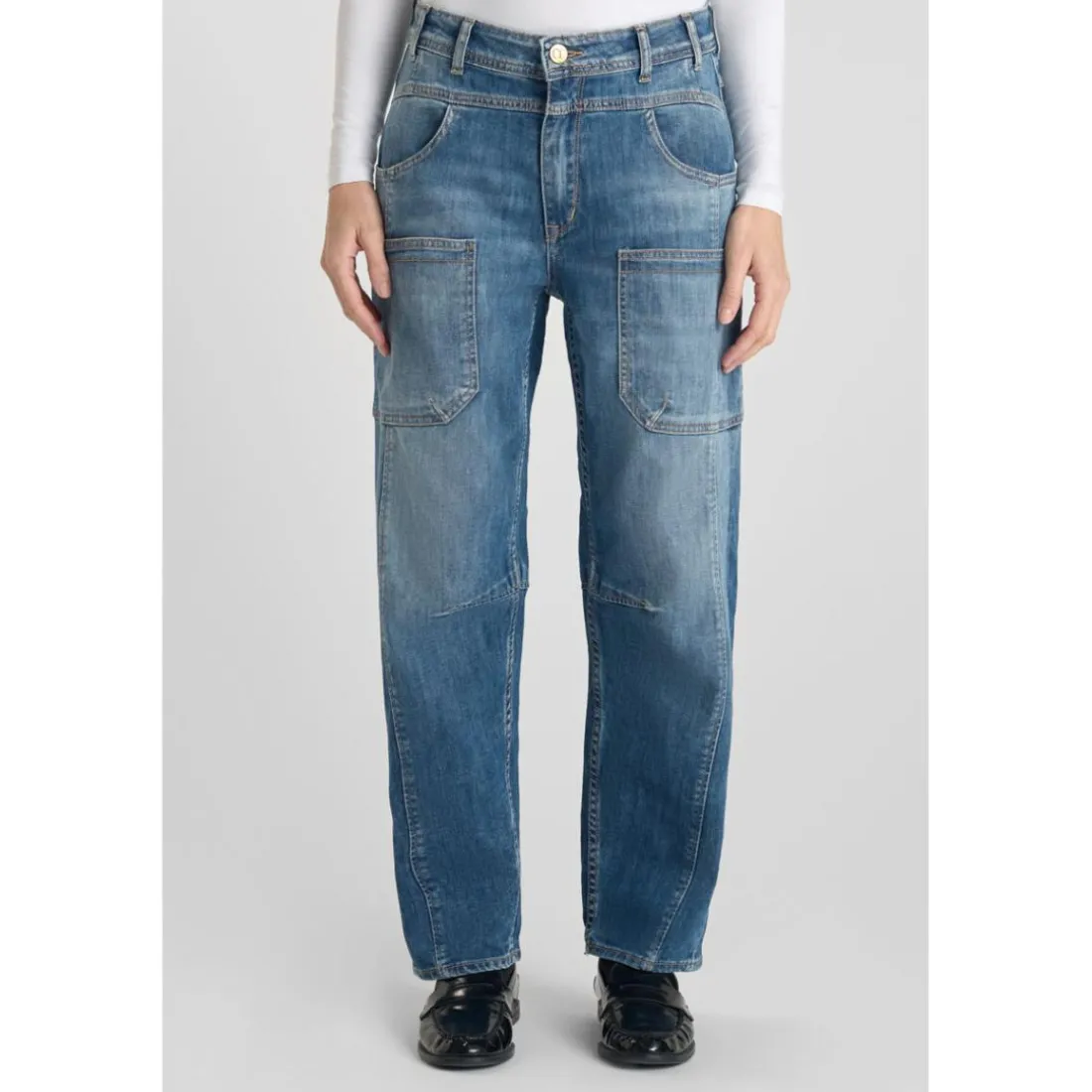 Jeans loose, large balloon taille haute, longueur 34 bleu en coton Elsie