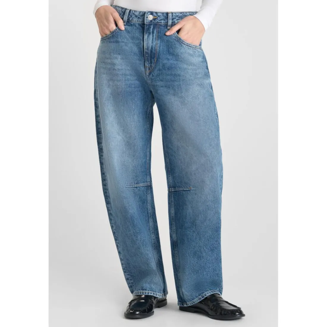 Jeans loose, large balloon taille haute, longueur 34 bleu Zola