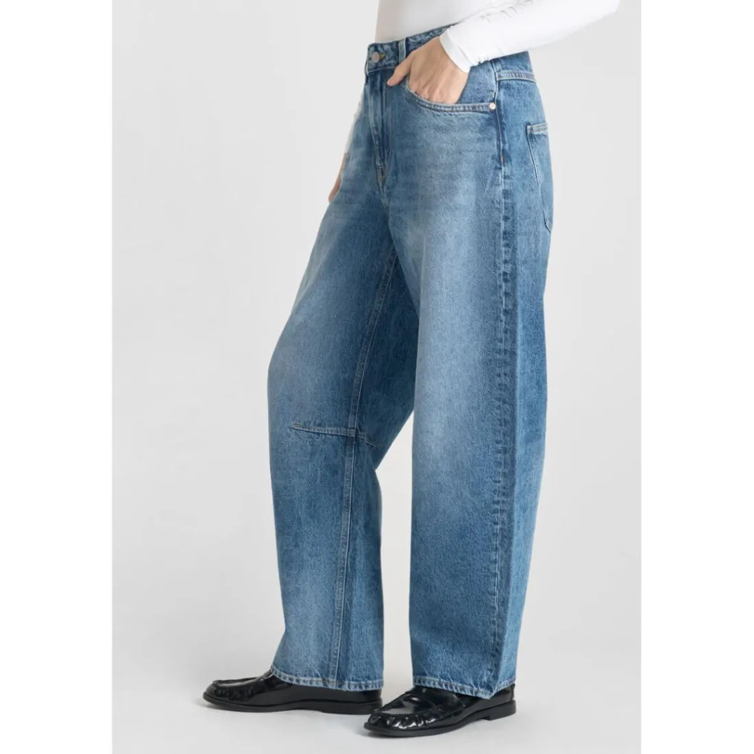 Jeans loose, large balloon taille haute, longueur 34 bleu Zola