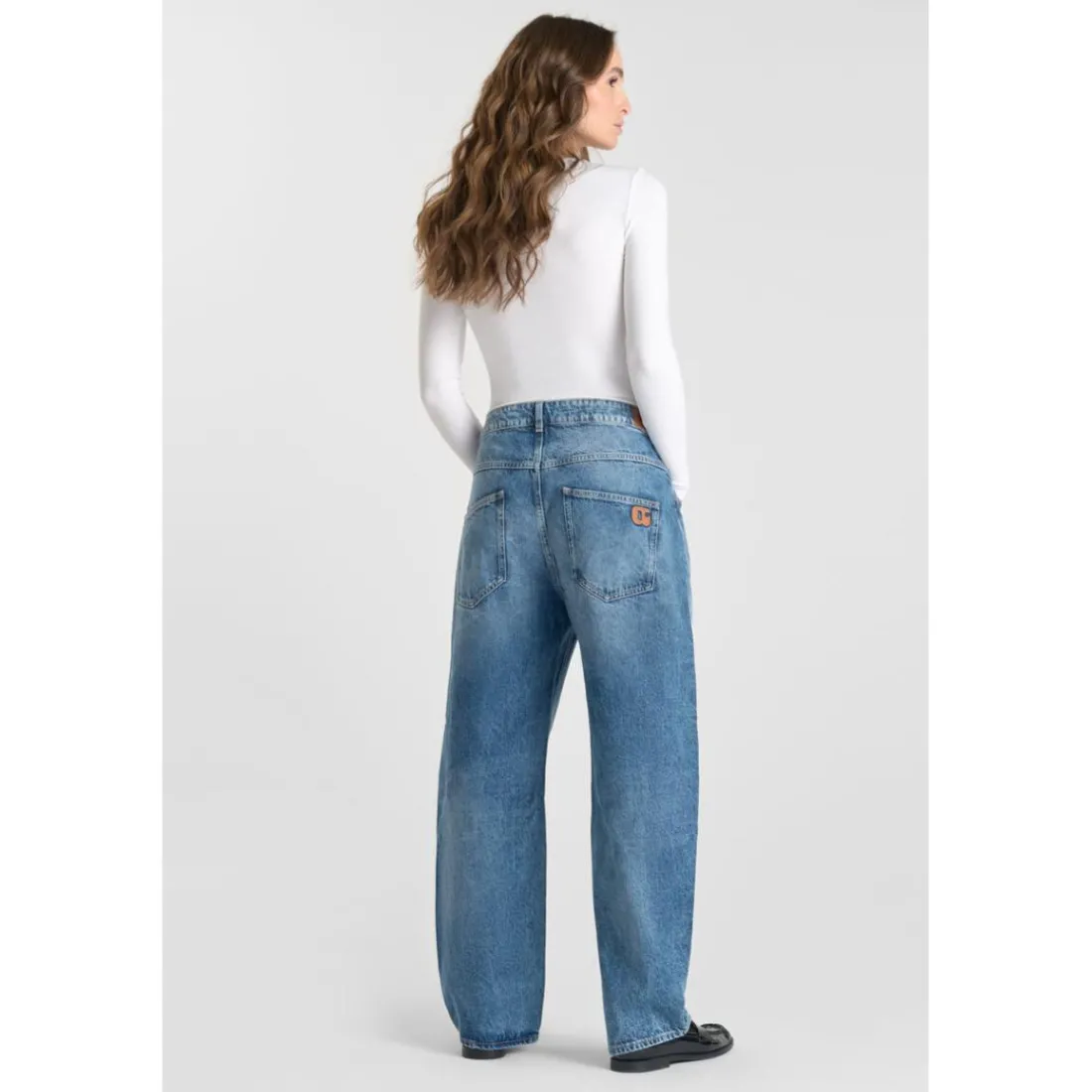 Jeans loose, large balloon taille haute, longueur 34 bleu Zola